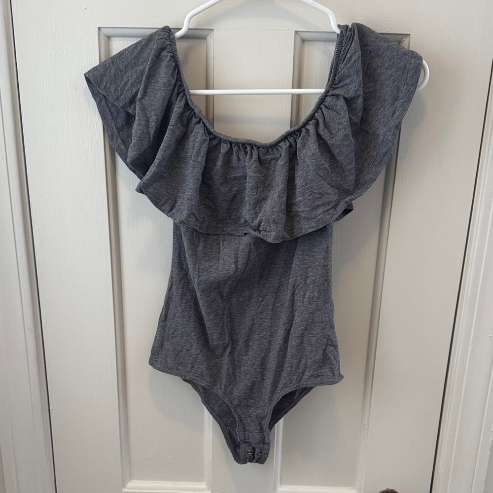 J. Crew Charcoal Ruffle Bodysuit Off Shoulder